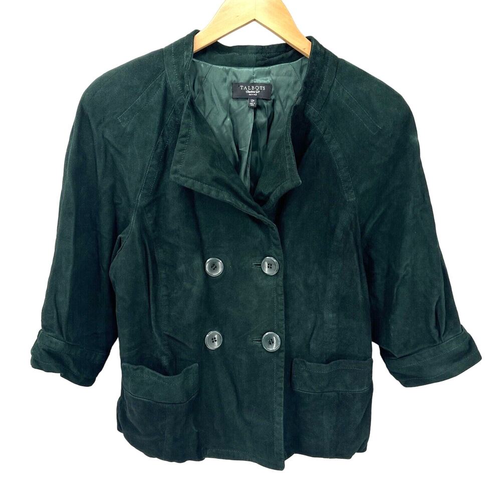 Talbots‎ Suede Jacket Womens Petite 12 12p Green Leather Blazer 3/4 Sleeves